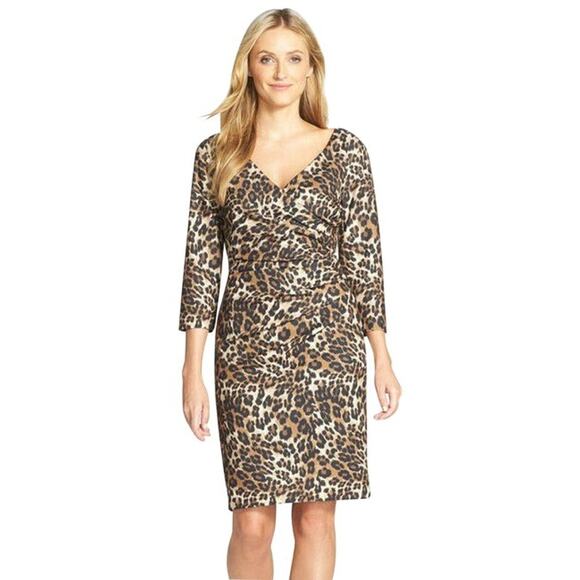 NYDJ Womens Dress Size 2 Ruched Leopard Print Sheath Built In Shapewear NEW - Picture 1 of 6